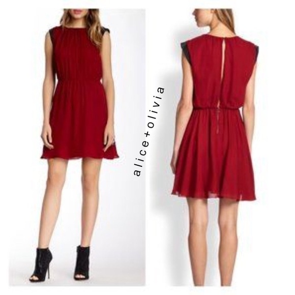 Alice + Olivia Meg‎ Leather Cap Sleeve Silk Leather Mini Dress Red M Cocktail - Picture 1 of 9
